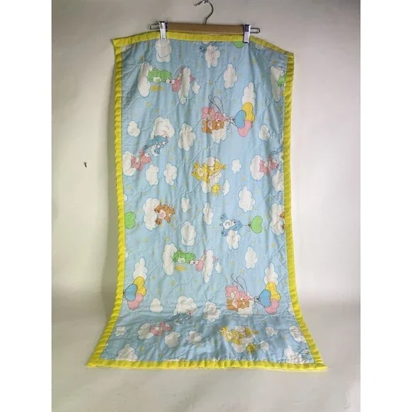 Care Bears Baby Blanket Yellow Trim Clouds Balloons Cotton Vintage